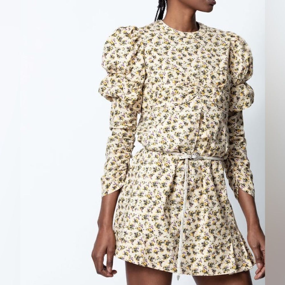 Zadig & Voltaire Rename Vanille Floral Print Puff Sleeve Cotton Mini Dress NWT